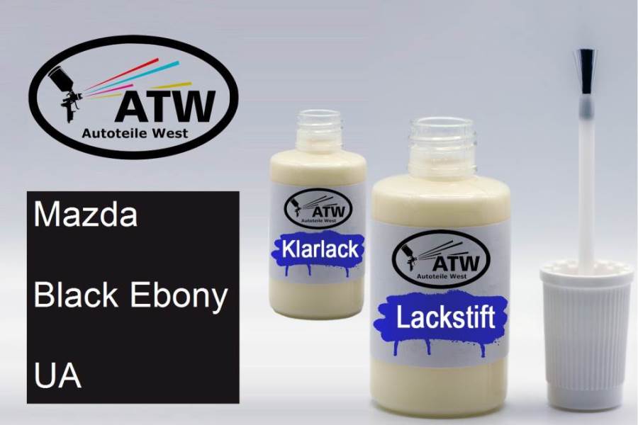 Mazda, Black Ebony, UA: 20ml Lackstift + 20ml Klarlack - Set, von ATW Autoteile West.